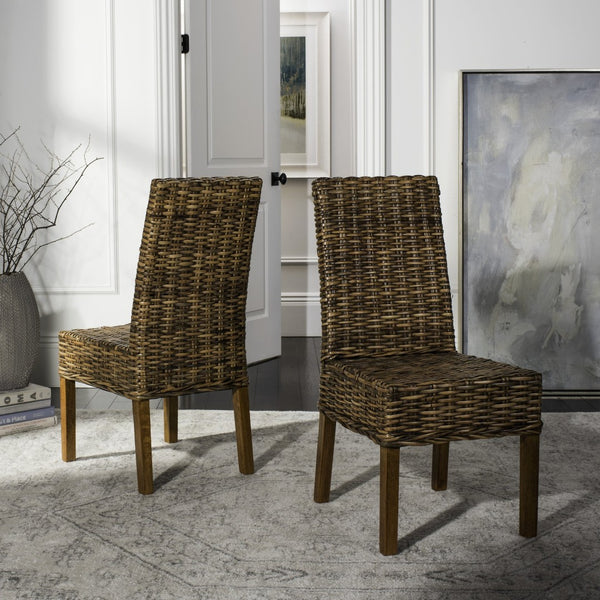 Safavieh SANIBEL Side Chairs – Tropical Elegance with Woven Rattan Detail for Coastal and Boho Décor Brown / Teak Brown FOX6504A-SET2