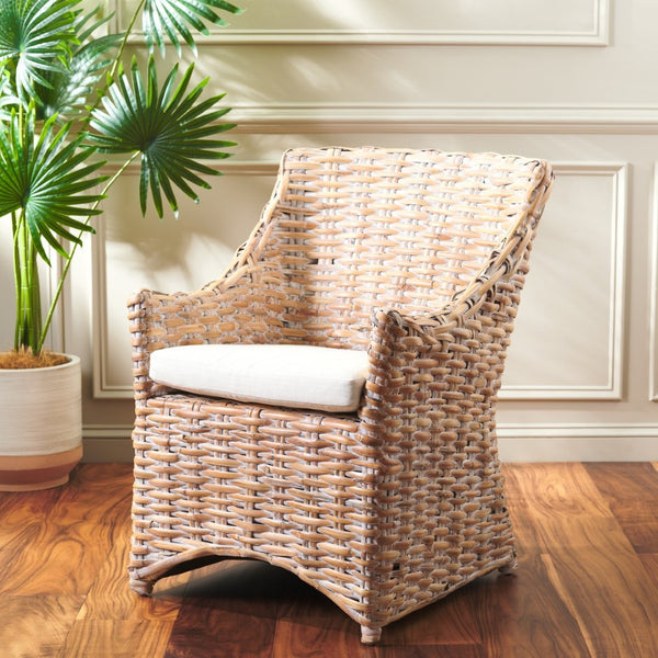 Safavieh Ventura Rattan Arm Chair - Coastal Elegance With Handwoven Design, Plush Cushion & Braided Detailing White FOX6505B