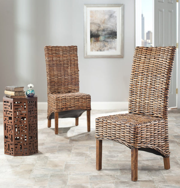 Safavieh ISLA Side Chairs - Teak Brown Mango Wood with Woven Rattan Detail for Modern Dining Spaces FOX6506A-SET2