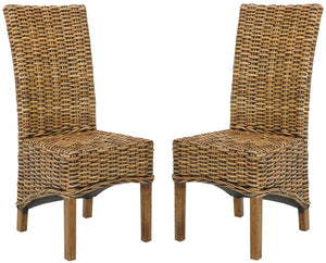 Safavieh ISLA Side Chairs - Teak Brown Mango Wood with Woven Rattan Detail for Modern Dining Spaces FOX6506A-SET2