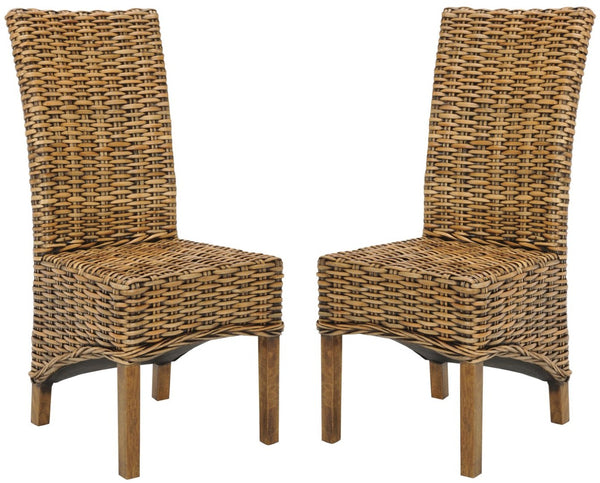 Safavieh ISLA Side Chairs - Teak Brown Mango Wood with Woven Rattan Detail for Modern Dining Spaces FOX6506A-SET2