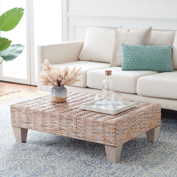 Safavieh Leary Coastal-Chic Coffee Table With Rattan Top And Sturdy Mango Wood Legs For Modern Living Spaces Natural White Wash FOX6528D