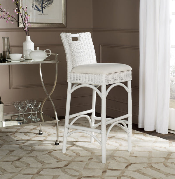 Safavieh Fremont Bar Stool - Coastal Chic Design With Rattan Seat And Mango Wood Frame For Stylish Seating White FOX6532B