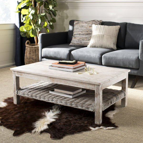 Safavieh Minerva Rustic-Modern Coffee Table - Whitewashed Mango Wood, Timeless Character For Cozy Living Spaces FOX6535A