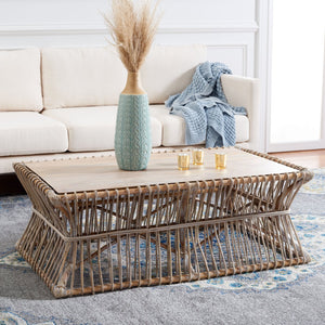 Safavieh Gensho Coffee Table – Artfully Designed Mango Wood & Rattan, Modern Sculpture For Your Living Space Grey White Wash FOX6536A