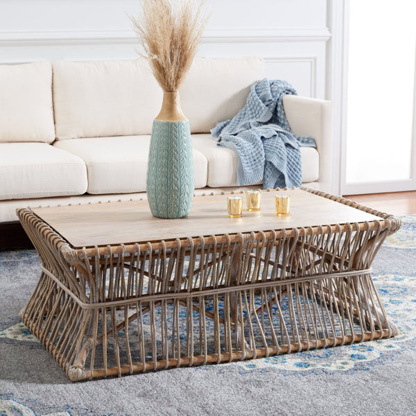 Safavieh Gensho Coffee Table – Artfully Designed Mango Wood & Rattan, Modern Sculpture For Your Living Space Grey White Wash FOX6536A