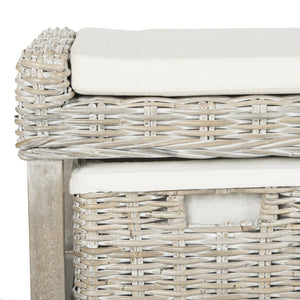 Safavieh Kobutsu Storage Bench - Rustic Coastal Charm With Grey White-Wash Finish & 3 Built-In Baskets FOX6537A