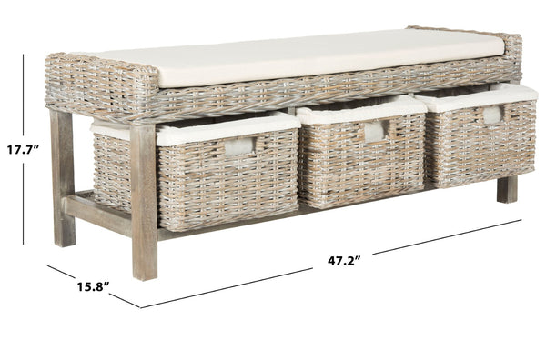 Safavieh Kobutsu Storage Bench - Rustic Coastal Charm With Grey White-Wash Finish & 3 Built-In Baskets FOX6537A