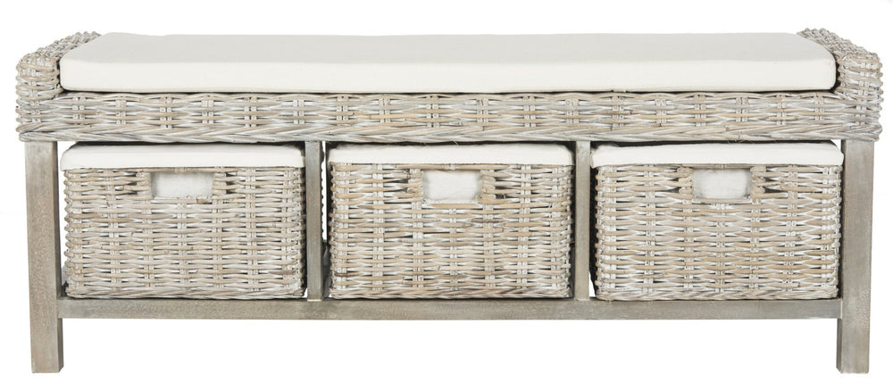 Safavieh Kobutsu Storage Bench - Rustic Coastal Charm With Grey White-Wash Finish & 3 Built-In Baskets FOX6537A