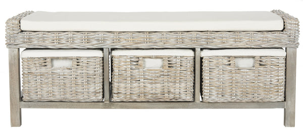 Safavieh Kobutsu Storage Bench - Rustic Coastal Charm With Grey White-Wash Finish & 3 Built-In Baskets FOX6537A