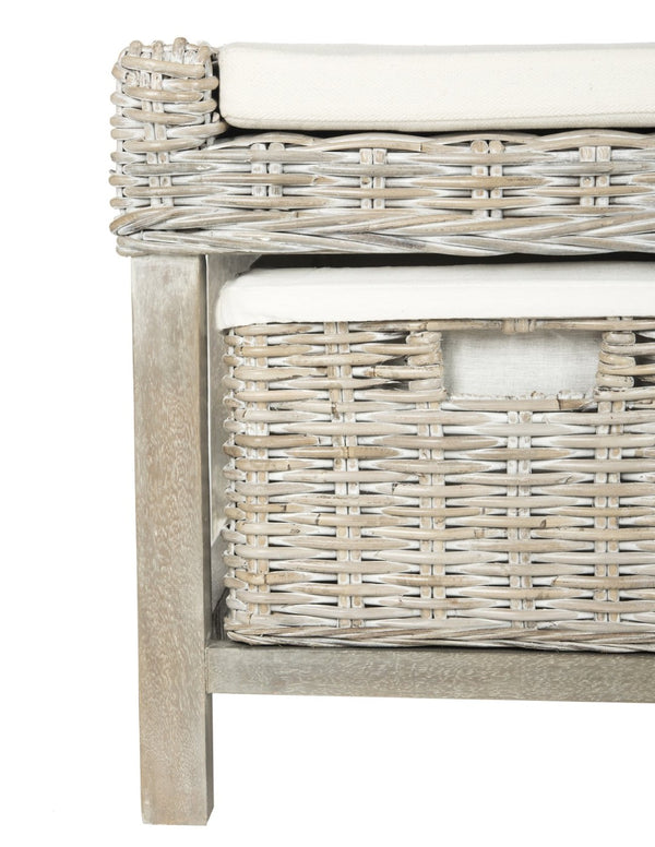 Safavieh Kobutsu Storage Bench - Rustic Coastal Charm With Grey White-Wash Finish & 3 Built-In Baskets FOX6537A