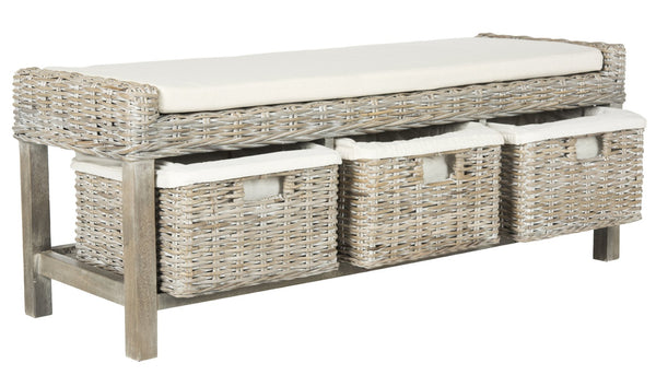 Safavieh Kobutsu Storage Bench - Rustic Coastal Charm With Grey White-Wash Finish & 3 Built-In Baskets FOX6537A