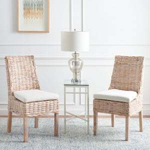 Safavieh SUNCOAST Side Chair with Removable Cushion - Coastal Whitewash Rattan Accent Chairs, Set of 2 FOX6540A-SET2