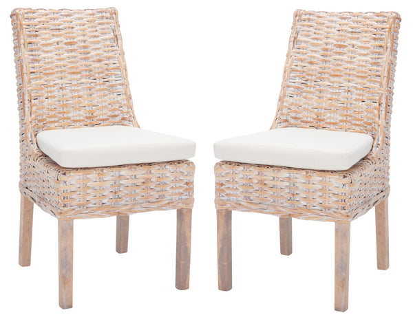 Safavieh SUNCOAST Side Chair with Removable Cushion - Coastal Whitewash Rattan Accent Chairs, Set of 2 FOX6540A-SET2