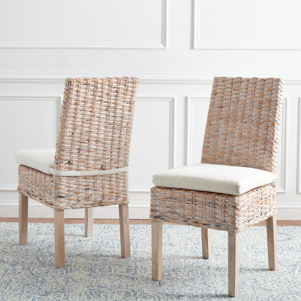 Safavieh SANIBEL Side Chair with Plush Cushion – Hand-Woven Rattan in Whitewash, Set of Two for Coastal Charm FOX6541A-SET2