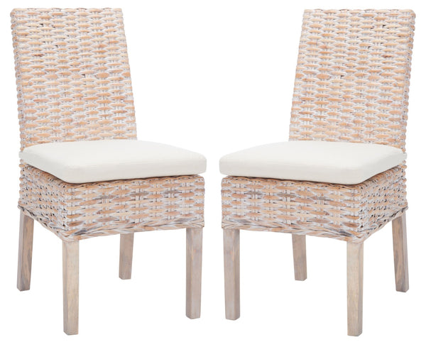 Safavieh SANIBEL Side Chair with Plush Cushion – Hand-Woven Rattan in Whitewash, Set of Two for Coastal Charm FOX6541A-SET2
