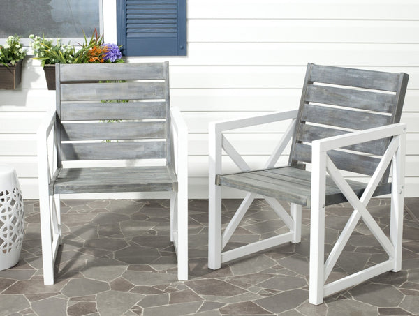Safavieh IRINA Arm Chair – Modern Outdoor Comfort with Stylish Wood and Metal Design for Patios & Lounging White / Grey FOX6701A-SET2
