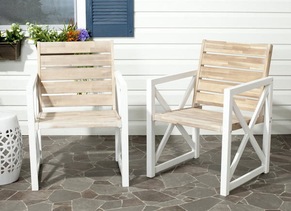 Safavieh IRINA Arm Chair – Modern Outdoor Comfort with Stylish Wood and Metal Design for Patios & Lounging White / Oak FOX6701B-SET2