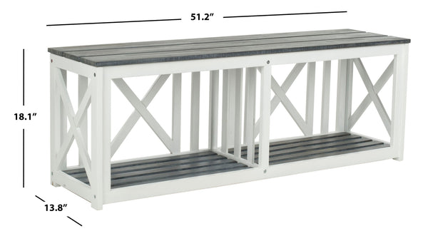 Safavieh BRANCO Bench - Versatile Outdoor Storage Solution in Durable Acacia Wood for Stylish Patios and Porches Ash Grey / White FOX6706A