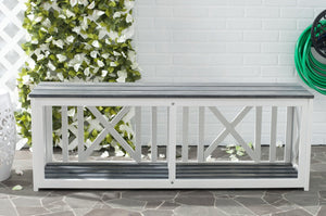 Safavieh BRANCO Bench - Versatile Outdoor Storage Solution in Durable Acacia Wood for Stylish Patios and Porches Ash Grey / White FOX6706A