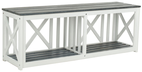 Safavieh BRANCO Bench - Versatile Outdoor Storage Solution in Durable Acacia Wood for Stylish Patios and Porches Ash Grey / White FOX6706A