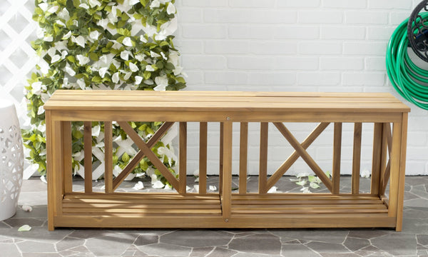 Safavieh BRANCO Bench - Versatile Outdoor Storage Solution in Durable Acacia Wood for Stylish Patios and Porches Natural FOX6706B