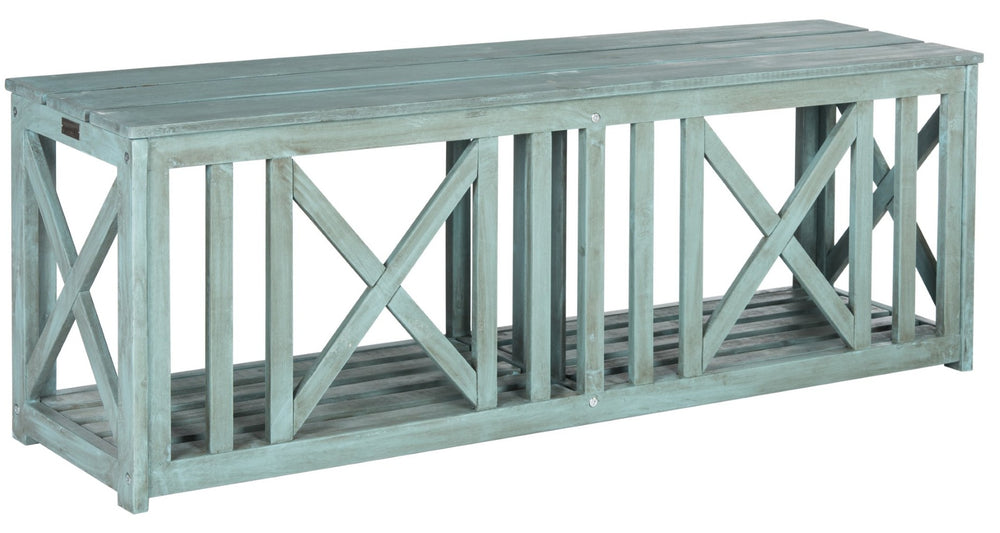 Safavieh BRANCO Bench in Beach House Blue - Stylish Acacia Wood Storage Solution for Indoor & Outdoor Spaces FOX6706C