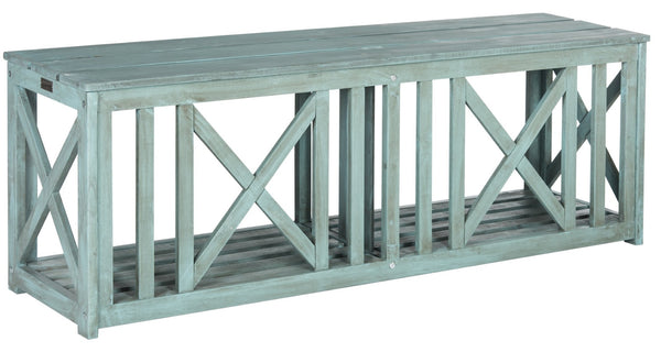 Safavieh BRANCO Bench in Beach House Blue - Stylish Acacia Wood Storage Solution for Indoor & Outdoor Spaces FOX6706C