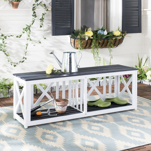 Safavieh BRANCO Bench - Versatile Outdoor Storage Solution in Durable Acacia Wood for Stylish Patios and Porches Dark Slate Gray / White FOX6706K