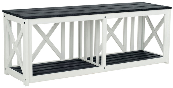 Safavieh BRANCO Bench - Versatile Outdoor Storage Solution in Durable Acacia Wood for Stylish Patios and Porches Dark Slate Gray / White FOX6706K