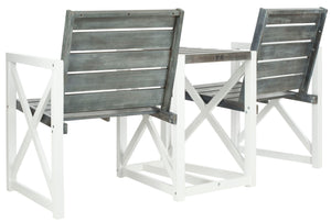 Safavieh JOVANA Two-Seat Bench with Central Tabletop - Rustic Acacia Wood for Indoor or Outdoor Spaces Ash Grey / White FOX6707A