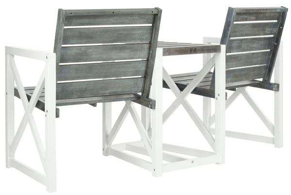 Safavieh JOVANA Two-Seat Bench with Central Tabletop - Rustic Acacia Wood for Indoor or Outdoor Spaces Ash Grey / White FOX6707A