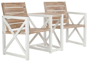 Safavieh JOVANA Two-Seat Bench with Central Tabletop - Rustic Acacia Wood for Indoor or Outdoor Spaces White / Oak FOX6707B