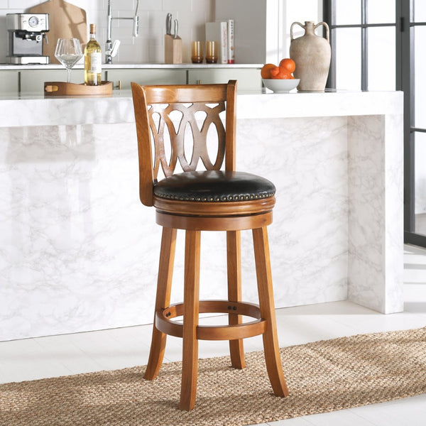 Safavieh Baldwin Swivel Bar Stool - Elegant Dark Oak Frame With Black Leather Cushion For Stylish Comfort FOX7004A