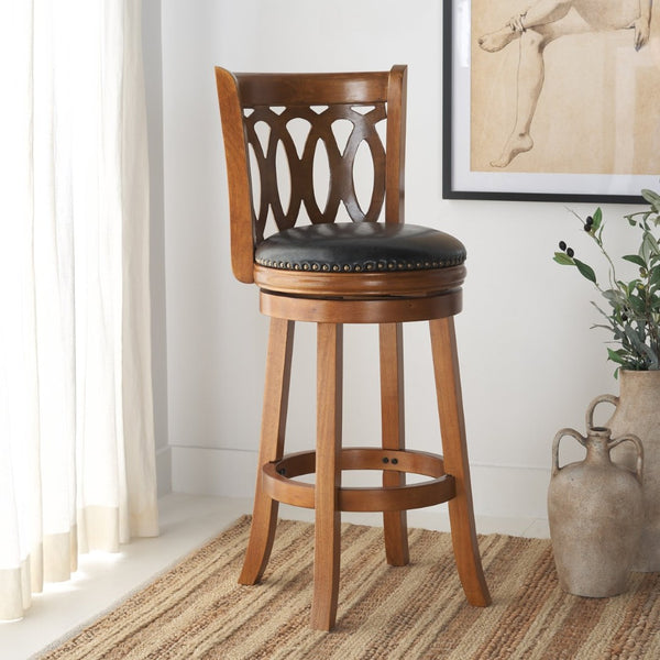 Safavieh Baldwin Swivel Bar Stool - Elegant Dark Oak Frame With Black Leather Cushion For Stylish Comfort FOX7004A
