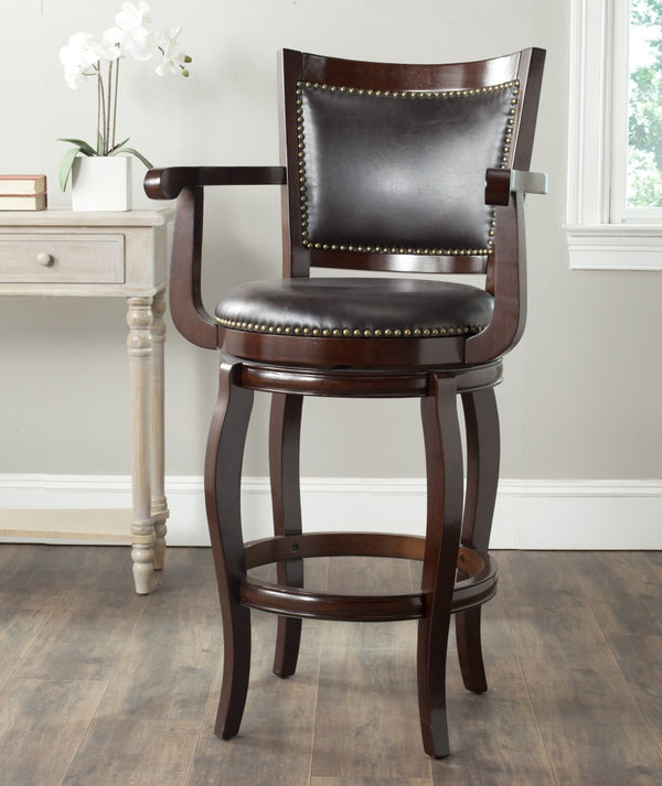 Safavieh Gitano Swivel Bar Stool - Elegant Dark Pu Leather Design With Bronze Nailhead Trim For Modern Spaces Sierra/Brown FOX7009A