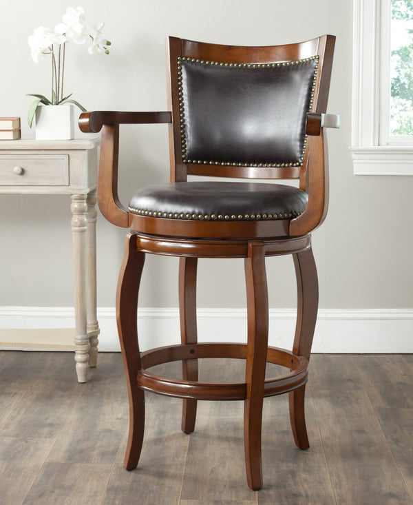 Safavieh Gitano Swivel Bar Stool - Elegant Dark Pu Leather Design With Bronze Nailhead Trim For Modern Spaces Walnut/Brown FOX7009D