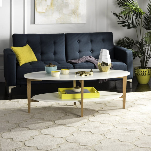 Safavieh Woodruff Oval Coffee Table - Scandinavian Design With Two-Tier Storage, White & Oak Finish For Modern Homes FOX8201A