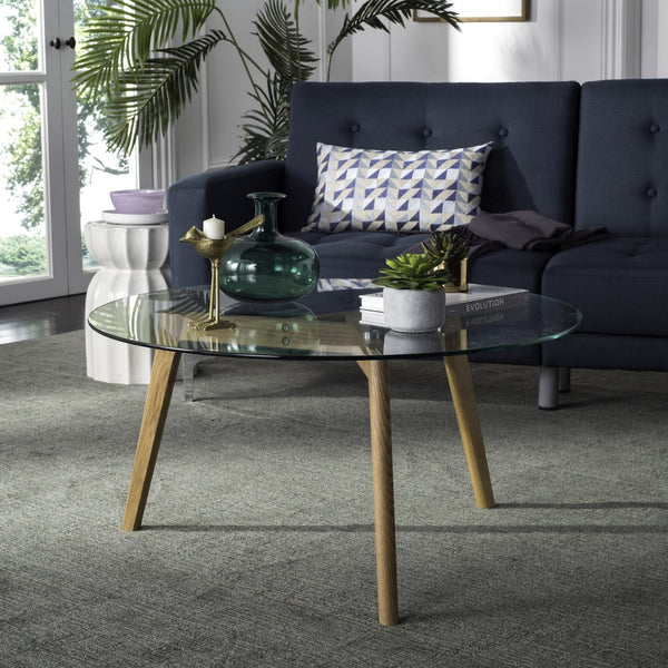 Safavieh Marjoram Round Glass Coffee Table - Mid-Century Inspired Design, Oak Base, Perfect For Modern Living Rooms FOX8209A