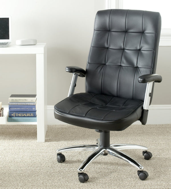 Safavieh Olga Desk Chair - Elegant Black Vegan Leather With Biscuit Quilted Detailing For Ultimate Comfort FOX8514A