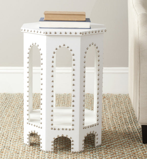 Safavieh Nara End Table - Contemporary White Accent Table With Gothic Design & Elegant Nail Head Details FOX9501C