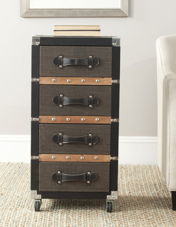 Safavieh Brent Vintage-Inspired 4-Drawer Rolling Chest With Smooth Casters - Stylish Storage In Black-Brown-Silver FOX9504A