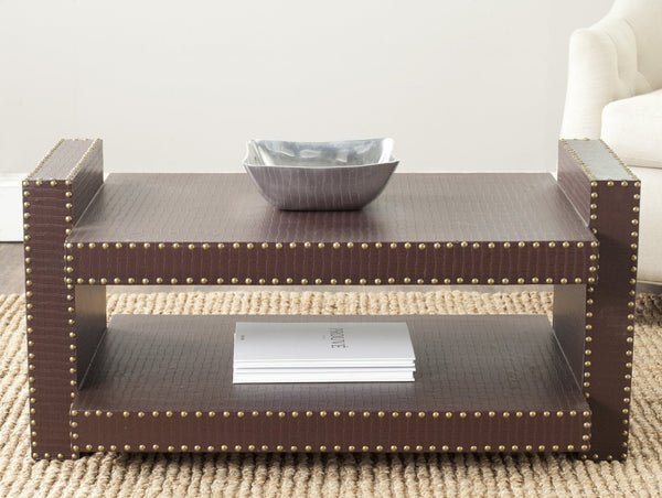 Safavieh Garson Accent Table - Stylish Pu Leather Design With Nailhead Trim For Modern Living Spaces Brown FOX9510C