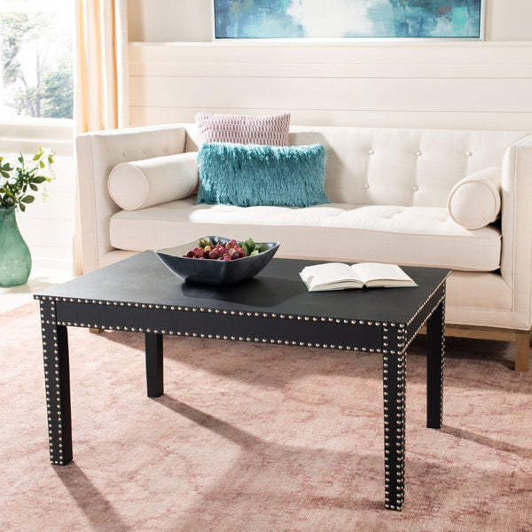 Safavieh Crispis Coffee Table: Elegant Parsons Design With Black Upholstery & Silver Nailhead Trim For Living Rooms FOX9514C
