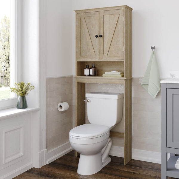 English Elm Dune Farmhouse Over the Toilet Shelf Cabinet with Adjustable Shelves and Magnetic Close Doors for Storage Brown FS-BATH-1-BR-GG