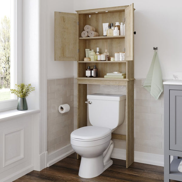 English Elm Dune Farmhouse Over the Toilet Shelf Cabinet with Adjustable Shelves and Magnetic Close Doors for Storage Brown FS-BATH-1-BR-GG