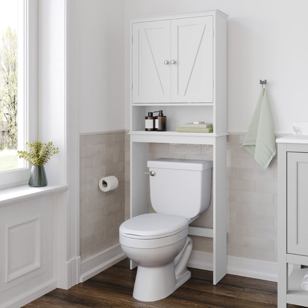 English Elm Dune Farmhouse Over the Toilet Shelf Cabinet with Adjustable Shelves and Magnetic Close Doors for Storage White FS-BATH-1-WH-GG