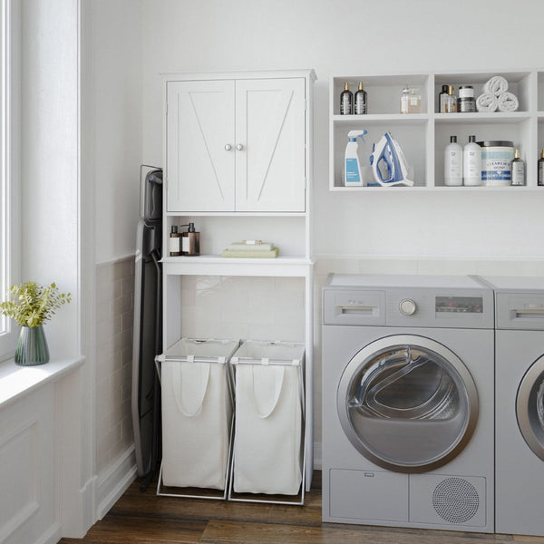 English Elm Dune Farmhouse Over the Toilet Shelf Cabinet with Adjustable Shelves and Magnetic Close Doors for Storage White FS-BATH-1-WH-GG