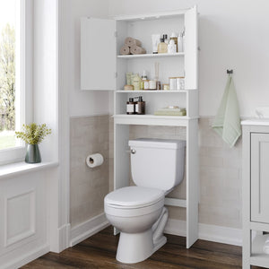 English Elm Dune Farmhouse Over the Toilet Shelf Cabinet with Adjustable Shelves and Magnetic Close Doors for Storage White FS-BATH-1-WH-GG