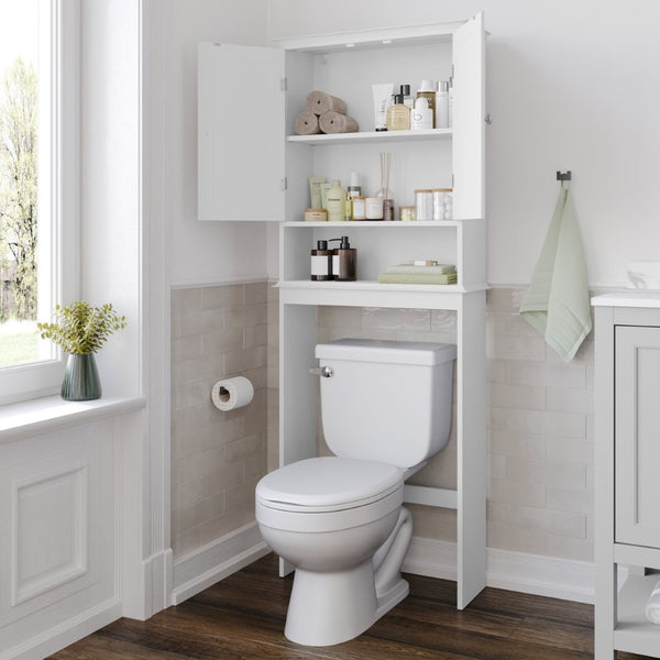 English Elm Dune Farmhouse Over the Toilet Shelf Cabinet with Adjustable Shelves and Magnetic Close Doors for Storage White FS-BATH-1-WH-GG